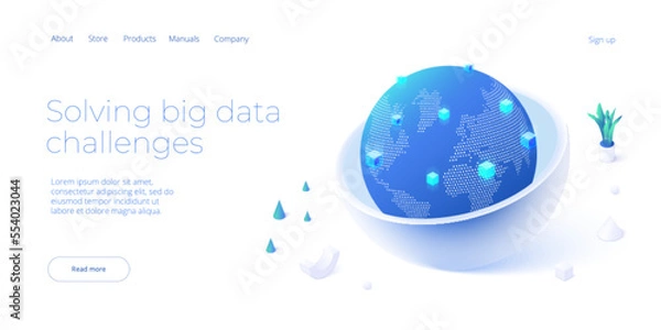 Fototapeta Global network technology in isometric vector illustration. World internet connection or social media online communication concept. Web banner layout template