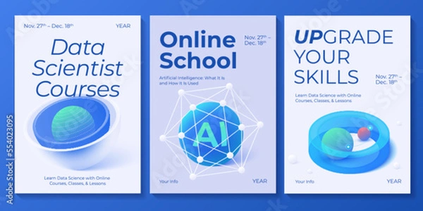 Fototapeta Social media web banner templates for online school, classes and courses. Big data, Ai and cloud solutions in isometric vector illustration. Abstract datacenter or blockchain network background
