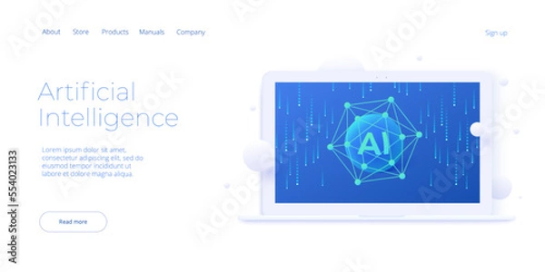 Obraz Artificial intelligence or neural network concept in isometric vector illustration. Neuronet or ai technology background with data screens and cloud connection. Web banner layout template