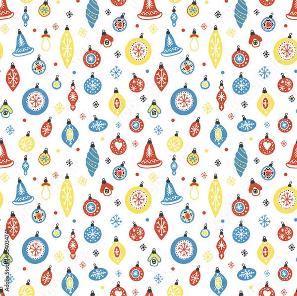 Fototapeta Cute Christmas vector pattern with hand drawn New Year ornaments, balls and decoration