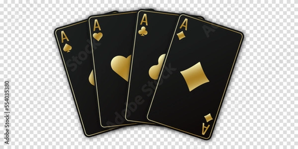 Fototapeta A fan of playing cards consisting of four black and golden Ace of Spades, Diamonds, Clubs, Hearts. Vector illustration poker and casino of all the aces on a transparent background.