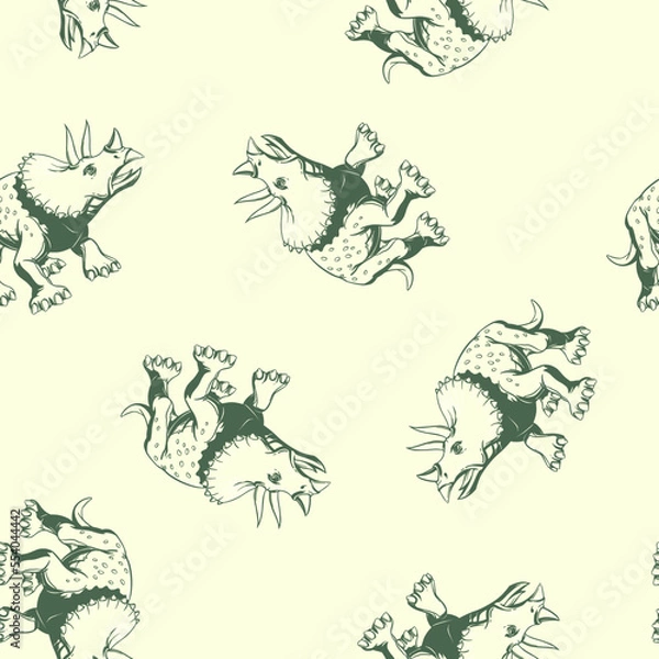 Fototapeta Hand drawn dinosaur triceratops seamless pattern. Vector clipart