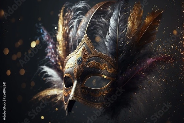 Fototapeta Realistic festive background with ornate masquerade carnival mask, feathers, sequins and confetti. Generative Ai