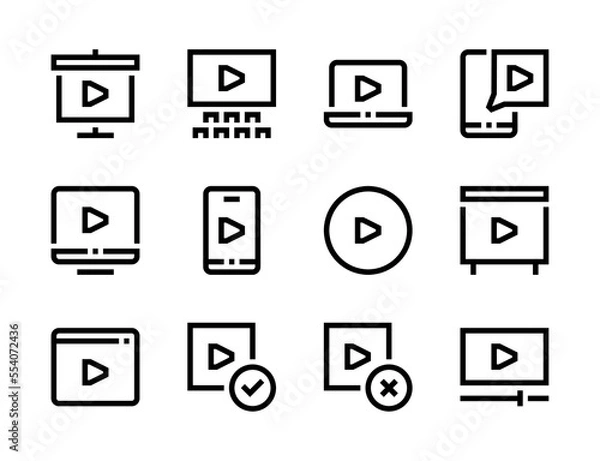 Fototapeta Video and Stream player line vector icons. Online movie, Distance learning and Cinema clip editable stroke outline icon set.