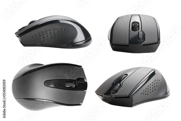 Obraz Four black wireless computer mouse views set. Isolated png with transparency