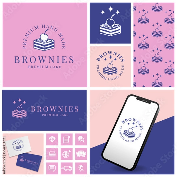 Obraz SIMPLE CAKE BROWNIES LOGO WITH ICON AND PATTERN SET
