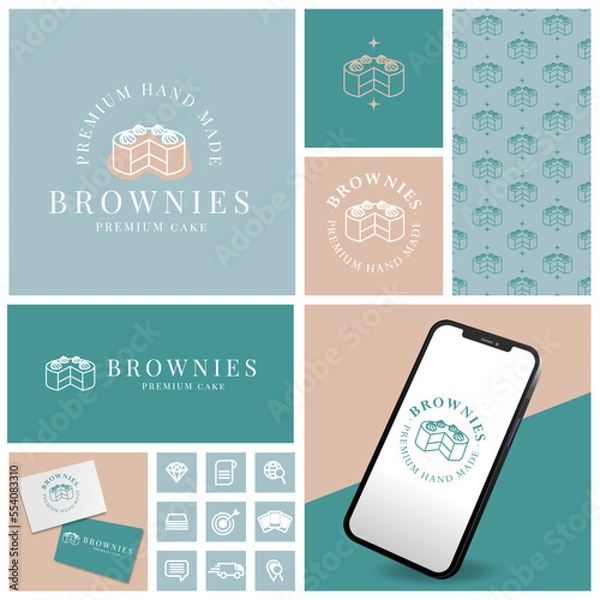 Obraz vintage brownies cake logo with seamless pattern and template set	
