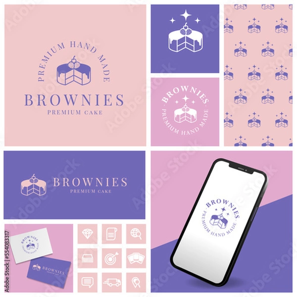 Obraz vintage brownies cake logo with seamless pattern and template set	
