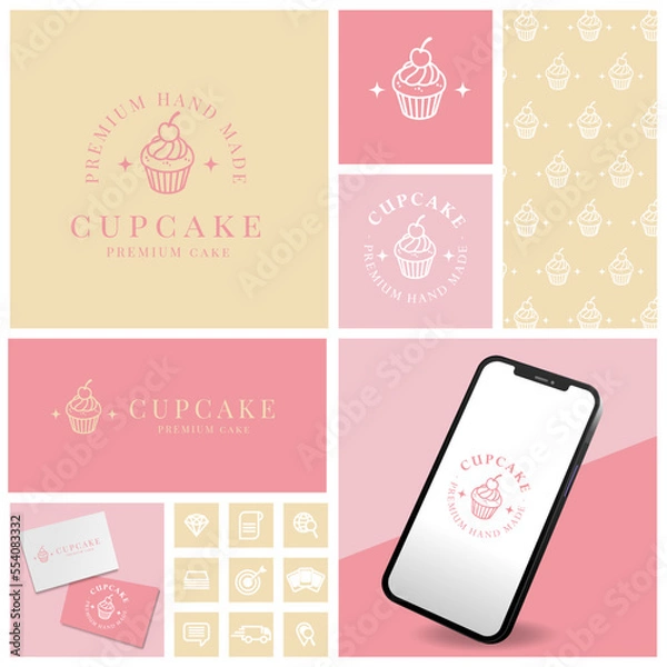 Obraz cute cup cake logo with seamless pattern and template set	
