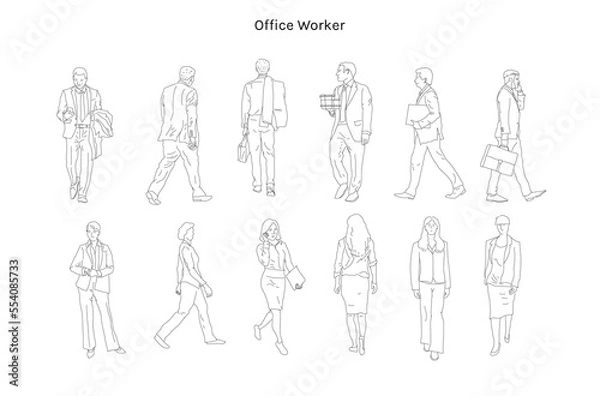 Fototapeta Business people line cad art. Vector illustration of business men and women standing walking talking working in front back and side view. Symbol for architecture and landscape design drawing.