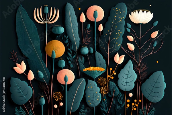 Fototapeta Wallpaper with plants and leaves and flowers on a black background
generative ai