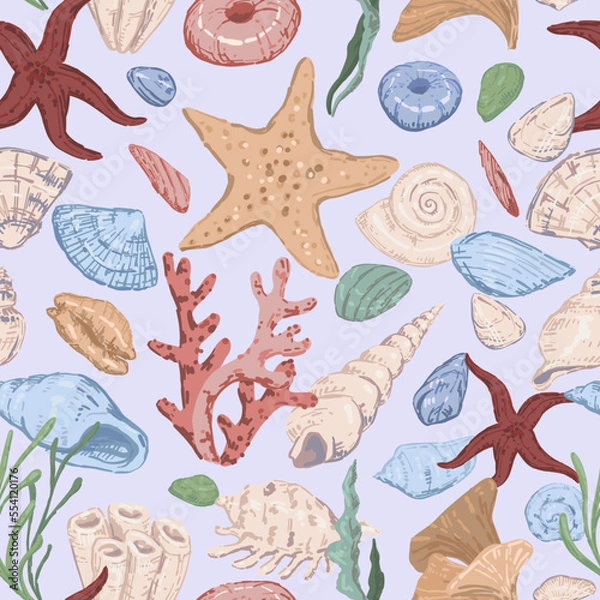 Fototapeta Starfishes, shells, stones, seaweed, coral, sea ornament. Abstract vector seamless pattern of underwater life. Modern style pastel colors design.