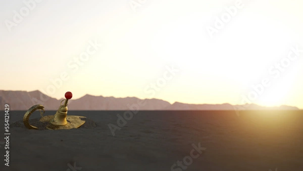 Fototapeta Aladin lamp half buried in the sand on a warm and fascinating summer sunset.  Discover and taking chances concept. Lucky life and career opportunities. 3d rendering.
