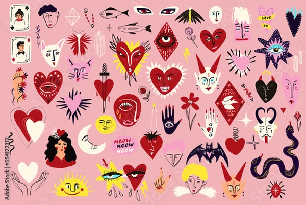 Fototapeta A set of funny ugly illustrations for Valentine's Day in the style of a doodle. Vector illustration