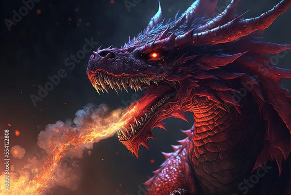 Fototapeta Red dragon breathing fire. Mythology creature. Dark fantasy illustration. Generative AI