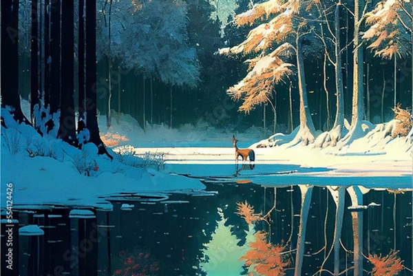 Fototapeta Beautiful Winter Forest with River  and Snow. Generative ai