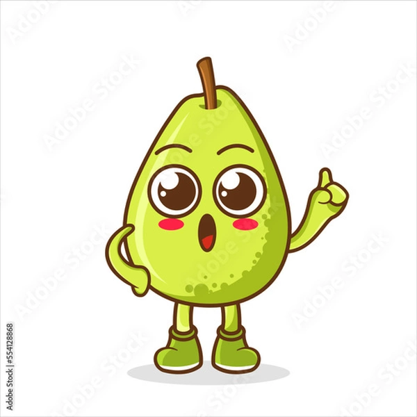 Fototapeta Cute Guava fruit character with happy face and Gesture pointing up. Fruit character icon concept isolated.