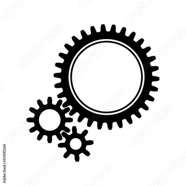 Fototapeta 3 sizes of mechanical cogwheels, small 8 teeth, medium 12 teeth and large 30 teeth. Black silhouette gear icon design element. White background. Vector illustration.