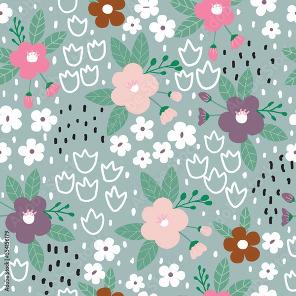 Obraz Seamless flower pattern on green background 