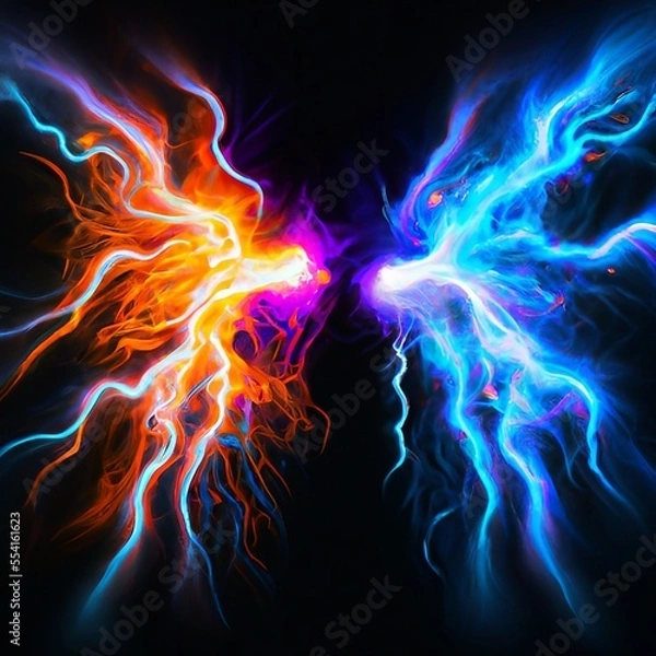 Fototapeta Abstract concept illustration of two streams of energy waves, masculine and feminine on black background. Generative AI