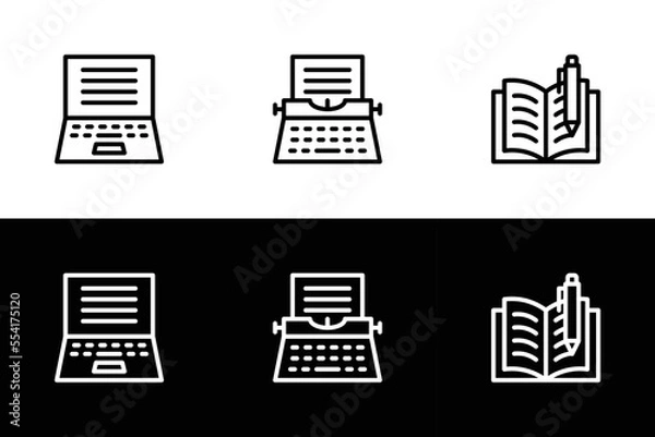 Fototapeta Writing tool icon set. Flat design icon collection isolated on black and white background. Writing on laptop, typewritter, and book.