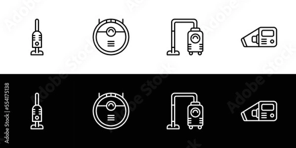 Fototapeta Vacuum cleaner type icon set. Flat design icon collection isolated on black and white background. Upright, automatic robot, canister, and handheld.