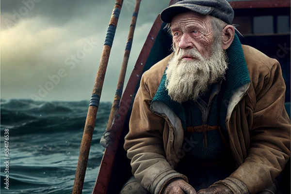 Fototapeta Generated image of old fisherman against background of sea