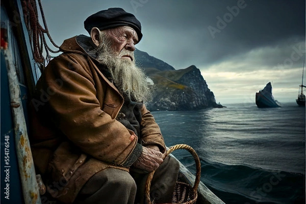 Fototapeta Generated image of old fisherman against background of sea