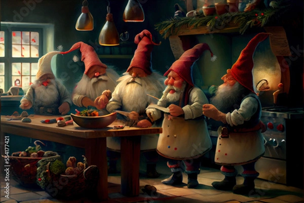 Fototapeta Christmas dinner being prepared by a group of elves in Santa's workshop -  generative ai, generative, ai