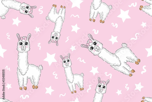 Obraz Cute white llama on pink background with stars seamless pattern. Vector hand drawn illustration.