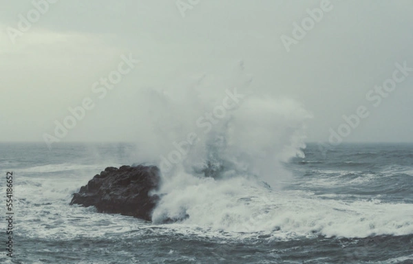 Obraz Splash sea water over rock on storm landscape photo. Beautiful nature scenery photography with mist on background. Idyllic scene. High quality picture for wallpaper, travel blog, magazine, article