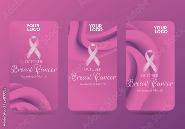 Fototapeta Breast cancer social media post and story template design collection. Editable modern banner with pink background and ribbon. Usable for social media post, banner, card, and website.