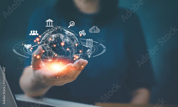 Fototapeta Midsection woman hold hologram screen displaying modern cloud based web system technology, symbols digital transformation concept for next generation era, metaverse digital binary connection network.