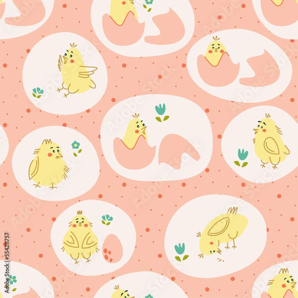 Fototapeta Seamless pattern with cute chickens and eggs. For childish and Easter design. Vector illustration.