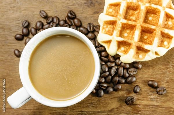 Obraz Coffee cup with grains and waffle