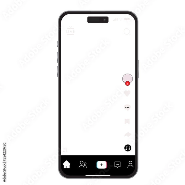 Fototapeta Intsgram tiktok template on  social media post template via Mobile iPhone isolated mockup with white screen on white background , vector illustration	
