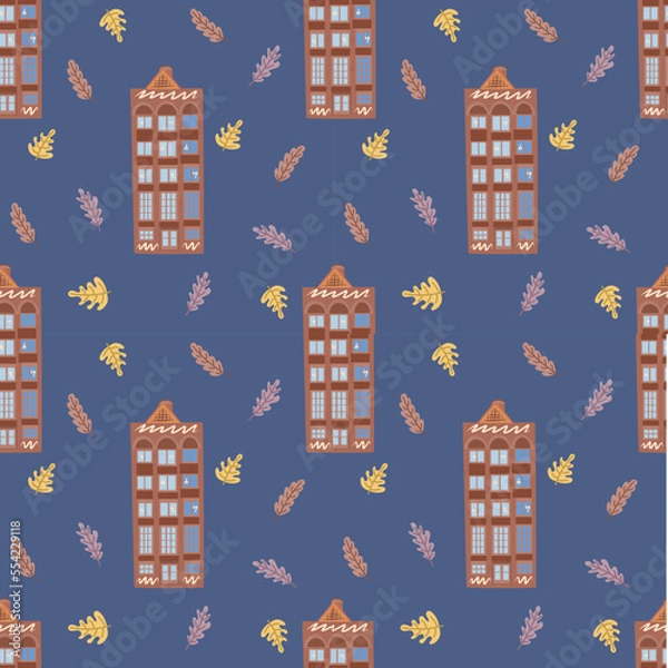 Fototapeta Architecture Amsterdam cozy and cute seamless pattern on a blue background.