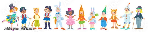 Fototapeta Collection of funny multicultural children in carnival costumes. Suits for a school party. Banner in cartoon style. Isolated on white background. Vector flat illustration.