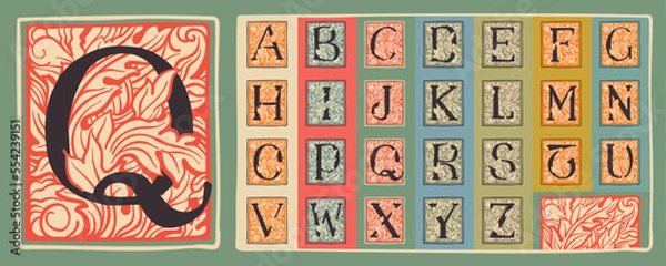 Fototapeta Alphabet set of drop caps in engraved medieval style.