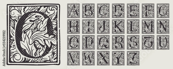 Obraz Alphabet set of drop caps in engraved medieval style.