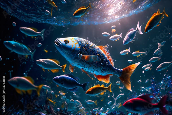 Fototapeta Underwater wild world.  Tropical fishes.  Image created with Generative AI technology.