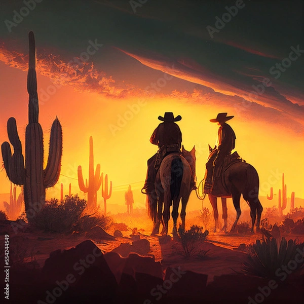 Fototapeta Silhouette of cowboy riding horse at sunset in desert with cactus. Generated AI