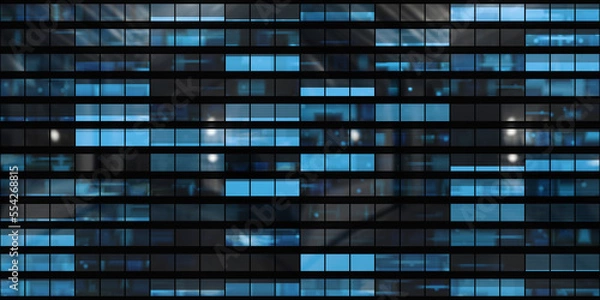 Obraz Seamless skyscraper facade with blue tinted windows and blinds at night. Modern abstract office building background texture with glowing lights against dark black exterior walls. 3D rendering..