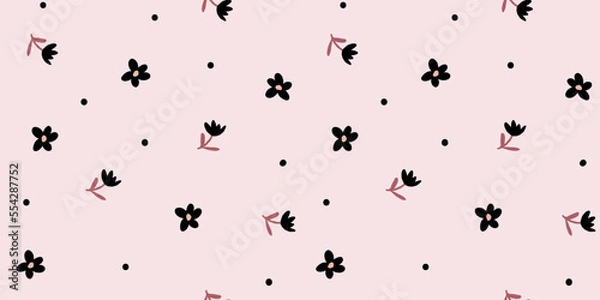 Fototapeta Ditsy pattern. Simple vector black and white seamless texture with small flowers. Elegant abstract floral background. Minimal repeat design for decoration, textile, wallpapers, tileable print, cloth