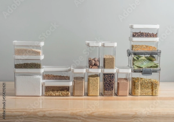Obraz plastic containers with dry spices on a kitchen