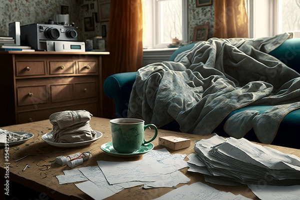 Fototapeta Illustration of a living room with coffee cups on table papers in a messy room.
Generative ai