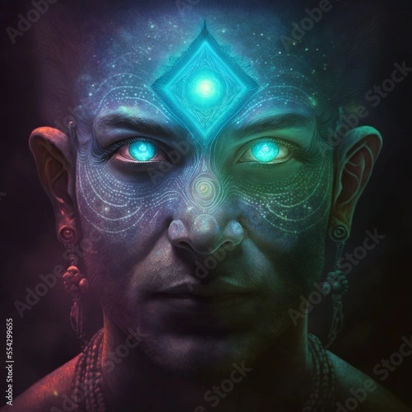 Fototapeta magician sorcerer shaman with glowing eyes and patterns on his face, stunning illustration generated by Ai, is not based on any original image, character or person