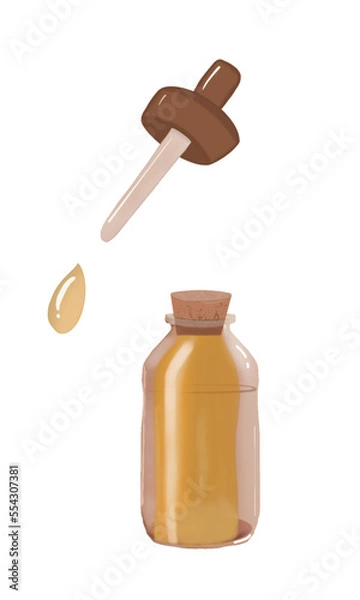 Fototapeta beautiful empty bottle with pipette and drop. For essential oil, vegetable oil, essence, cream. illustration Amber bottle 