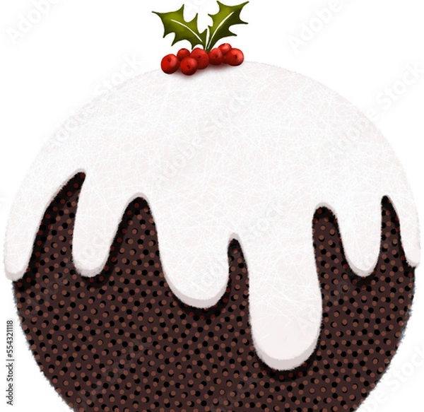 Fototapeta Hand drawn Christmas pudding covered in textured icing topped with sprig of green holly with red berries. Isolated from background, png.
