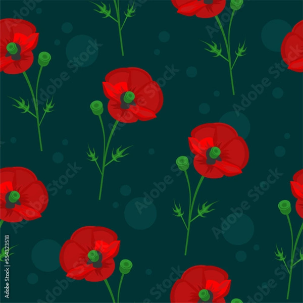 Fototapeta seamless pattern with red poppies vector, floral ornament with flowers and herbs, summer and spring pattern, turquoise circles, floral wallpaper for printing textiles and stationery, poppy